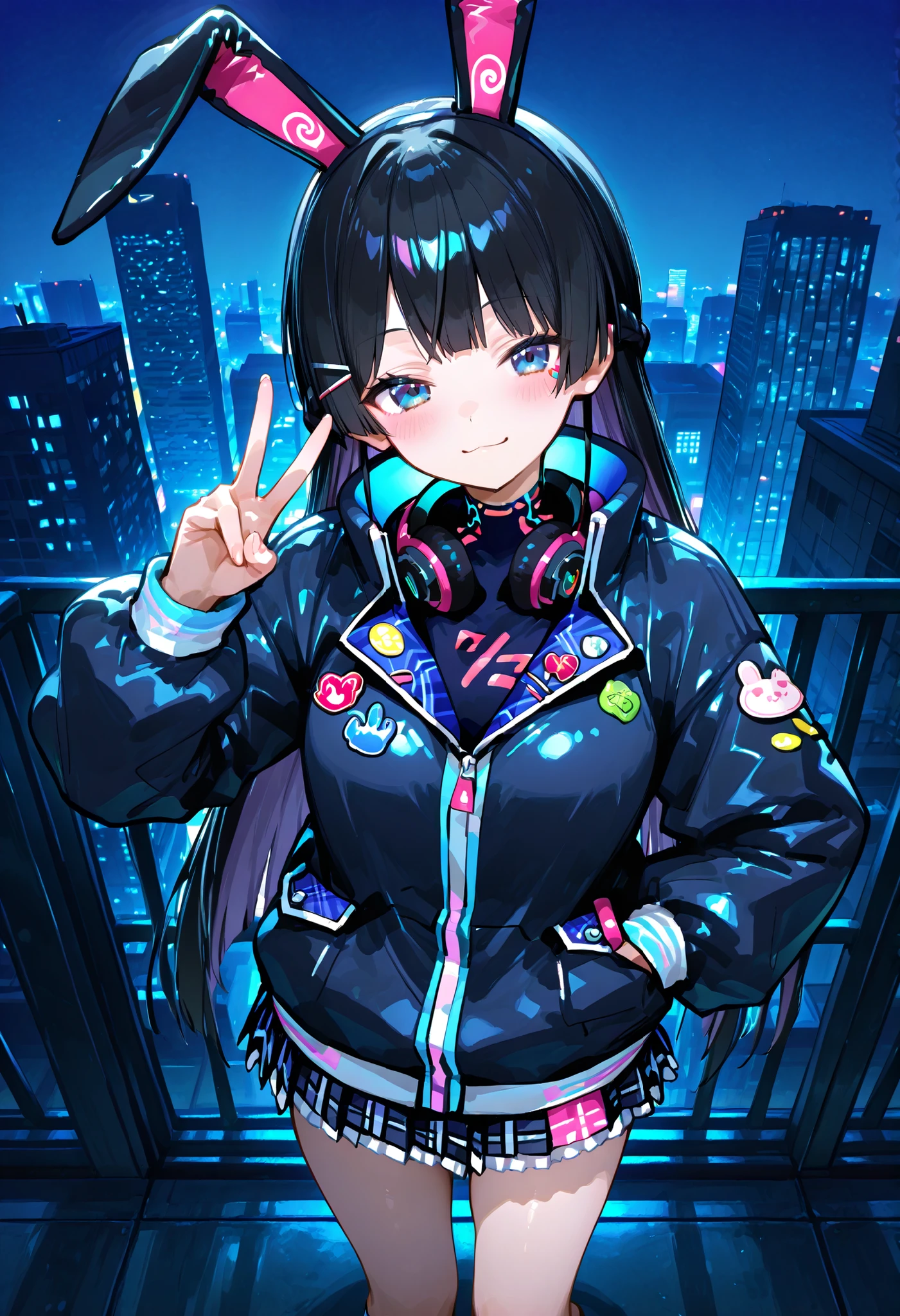 748cmstyle。Tsukino Mito (Nijisanji)、cyberpunk。cyber jacket。Cyber Rooftop。sideways。Gadgets。headset。antennae rabbit ears。black hair。Neon Skirt。sticker seal。long jacket。skyscraper。from above。peace sign