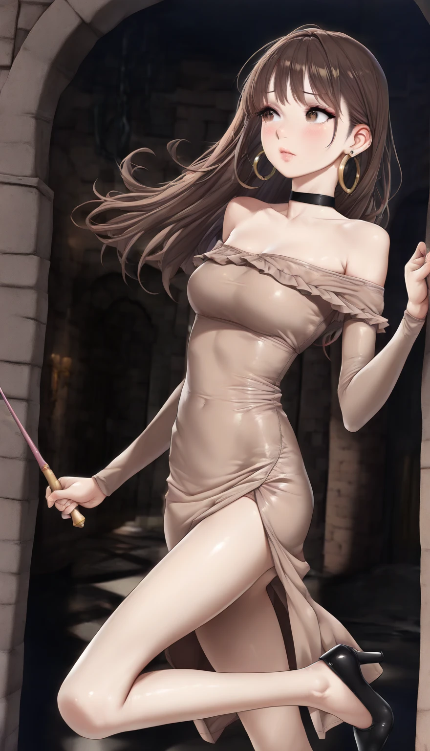 young woman kneeling, Angelina Jolie&#39;s face, hair tied in a braid, she has large visible breasts which are visible in the 3rd position/4, surrounded by men holding their penises in their pants, very accurate image, a lot of details, w stylu anime