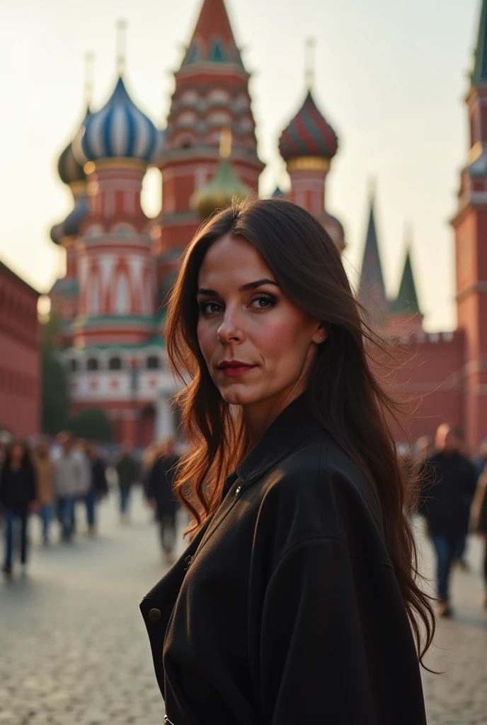 Portrait of a beautiful Italian woman, 28 years old, small breasts, natural lips a little juicy, long black hair with shaved sides , yeux verts, realism, digital painting, Art conceptuel, fluidity, sharpness, rule of thirds, 35 mm, full-length, standing on the background of the red square, facial detailing