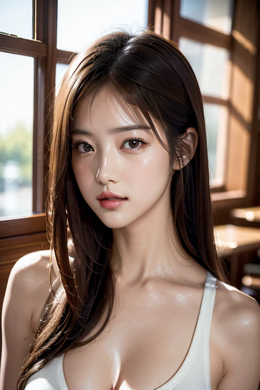 Highest quality、Ultra-high resolution、(Realistic)、18-year-old girl、((((I'm taking off my dress, I can see your nipples、she leans forward)), Hyper Detail、Super Realistic、(Realistic)、More about beautiful skin、(masterpiece:1.0)、(Highest quality)、(Ultra-high resolution)、8K resolution、Canon EOS R5、135mm、Absurd、Very detailed、Sharp focus、Fine skin、(((Chirarizum、Small breasts、Brown Hair)))