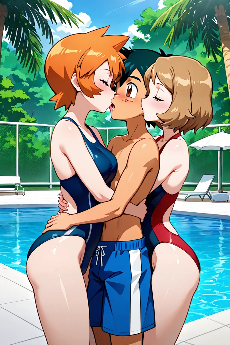 score_9, score_8_up, score_7_up, score_6_up, score_5_up, score_4_up, (source_anime), 2girls, neon genesis evangellion, ((asuka langley soryu, small breasts, {sucking breasts})), (( rei ayanami, small breasts)), yuri, Technological place, breast sucking, far, full body, in public, Swimming lesson, Swimming pool