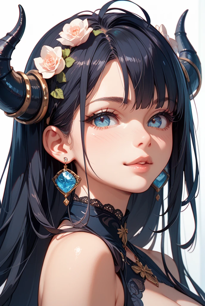 ((Finest quality)),(超A high resolution),(ultra-detailliert),(Meticulous portrayal),((best pictures)),(Finest works of art),Ultra-Precision Art,The art of astounding depiction, (1人の女性:1.5),Two horns extending from the forehead,makeup,