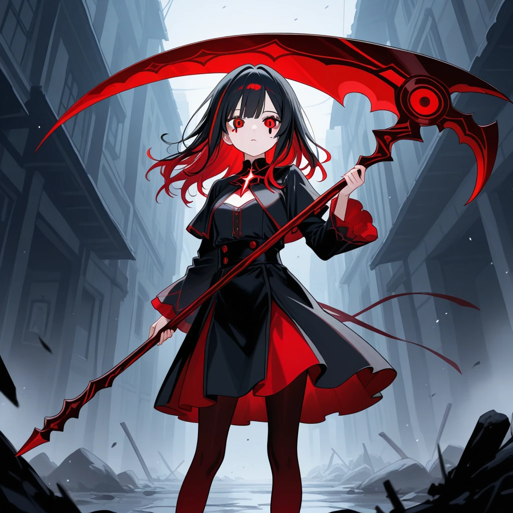 , Red hair, blood red eyes, black hat, red and black dress, black shoes with socks, black umbrella 