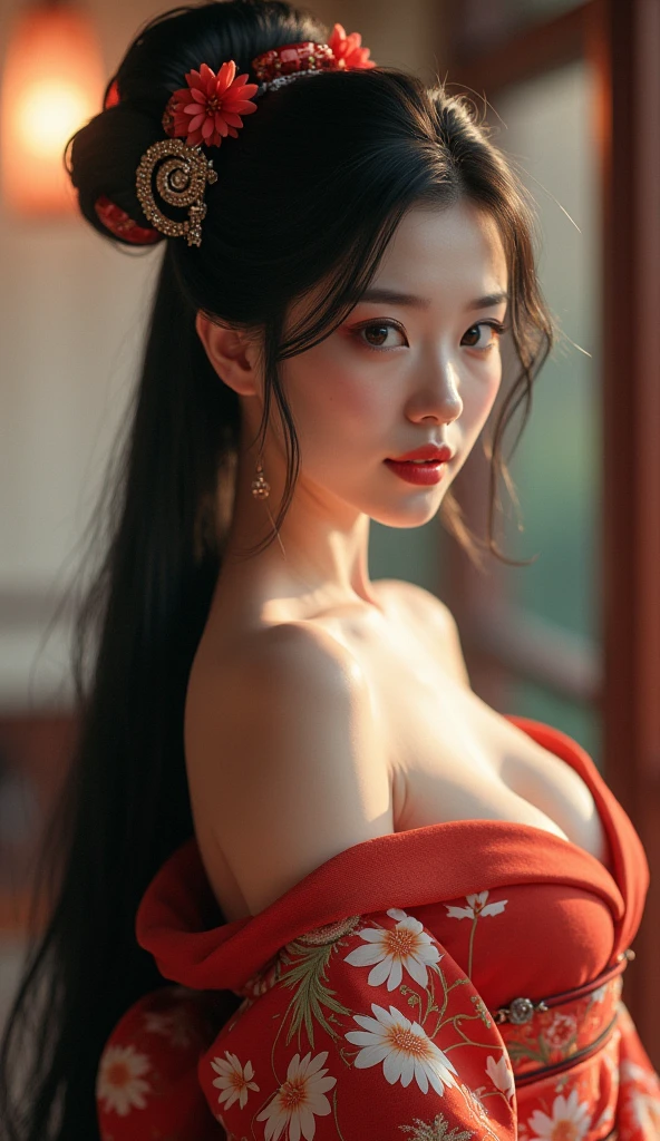 ((Best quality, 8K, Masterpiece :1.3)),A beautiful geisha in a kimono.Bare shoulders • Wide-angle lens, tattoo all over body_ From chest to shoulders. With samurai ornaments .. Sit under the floor. Look to the future inside the castle. There is dark light_snapshot, Deep V neckline, There is cleavage，wistful look，high resolution, 4K, 8K, Bokeh background)) mix4, 20 days_Perfect tactile. long leges. Beautiful face texture. and detailed tattoo skin.