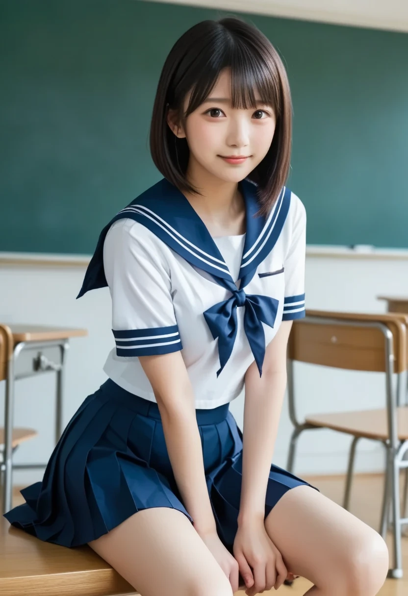 (happy expression:1.26)、RAW photo、(((Ultimate beauty full body photo shoot)))、((glowing skin))、1 girl、10 year old beautiful girl in Prague、10th generation、primary school student、young、young顔、bright look、detailed face、bewitching、((black haired、short cut hair:1.2))、skirt、View from the floor、(Light blue and white striped long socks:1.2)、(thigh-high socks:1.2)、((sailor suit、uniform、ミニskirt:1.5))、(マイクロskirt、high waist)、(I put my elbows on the desk and sit on the chair with my legs wide open.:1.2)、((足を開いてpantiesを見せてくれます:1.5))、(panties:1.5)、((Stand on tiptoes and sit on a chair with your feet apart))、counter point shot、((super detailed))、(完璧にdetailed face)、(detailed hands)、(finger details)、(excellent human structure)、photorealistic imageasterpiece、最high quality、super detailed、film light、intricate details、High resolution、very detailed))、detailed background、8KUHD、Digital single-lens reflex camera、soft light、high quality、film grain、Fujifilm XT3 、shallow depth of field、natural soft light、Kamimei、classroom、View from slightly below、