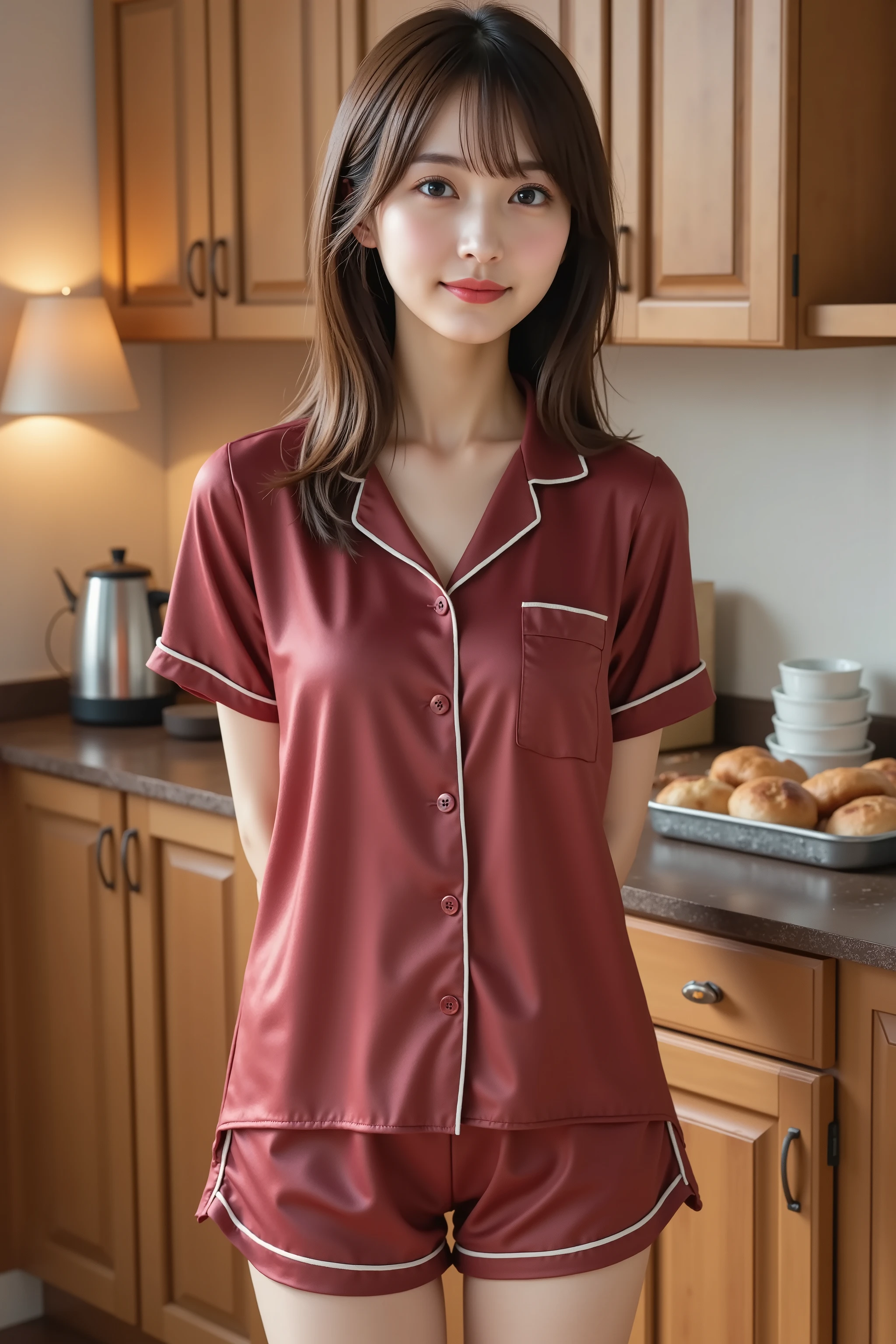 firm breast, cleavage, by adjusting the framing so the subject's full head is visible within the composition, a highly detailed and realistic digital illustration of a female character in a stylized military-inspired fantasy outfit, realistic high-resolution photograph of a woman standing in a cozy wooden kitchen interior, captured just below the shoulders, positioned entirely within frame to avoid head cropping. she is wearing a short-sleeve maroon satin pajama top styled like a shirt, complete with a notched collar, white piping along the seams, and a button-down front. the material is smooth and softly reflective, showing realistic light behavior with gentle highlights on the fabric surface. the shirt features a single chest pocket on the left side and neat seams that trace the garment’s edges, with subtle wrinkling near the waist, underarms, and along the sleeves. each button is small, rounded, and aligned along the center placket. the sleeves are trimmed with white piping, and the relaxed fit of the top allows it to drape naturally over her upper body, conforming to light body movement. lighting in the space is warm and diffused, primarily coming from a wall-mounted lamp with a fabric shade on the left, along with soft ambient light. this creates a natural interplay of shadow and highlight along her shoulders, chest, and the folds of the shirt. the background includes vertical wood paneling, cabinetry with recessed details, and a dark brown countertop. on the counter are a white electric kettle, stacked saucers, and a metal tray containing bread rolls and pastries. the overall scene evokes an early morning or late evening atmosphere. ensure her head is fully visible in the frame and that all architectural and kitchen details are included. textures like the satin sheen of the top, wood grain of the walls, ceramic surface of the kettle, and matte finish of the countertop must be rendered photorealistically. focus on warm interior lighting, fabric behavior, and ob