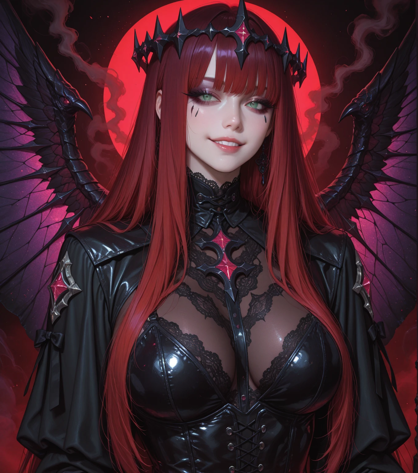 a beautiful red-haired witch, long black low-cut dress, black feathers on the dress shoulders, voluptuous bust, malevolent gaze, detailed face, fantasy portrait, hyper realistic, oil painting, dramatic moody lighting, dark fantasy, cinematic composition, dramatic shadows, glowing eyes, digital art, highly detailed, intricate, masterpiece, photorealistic, 8K
