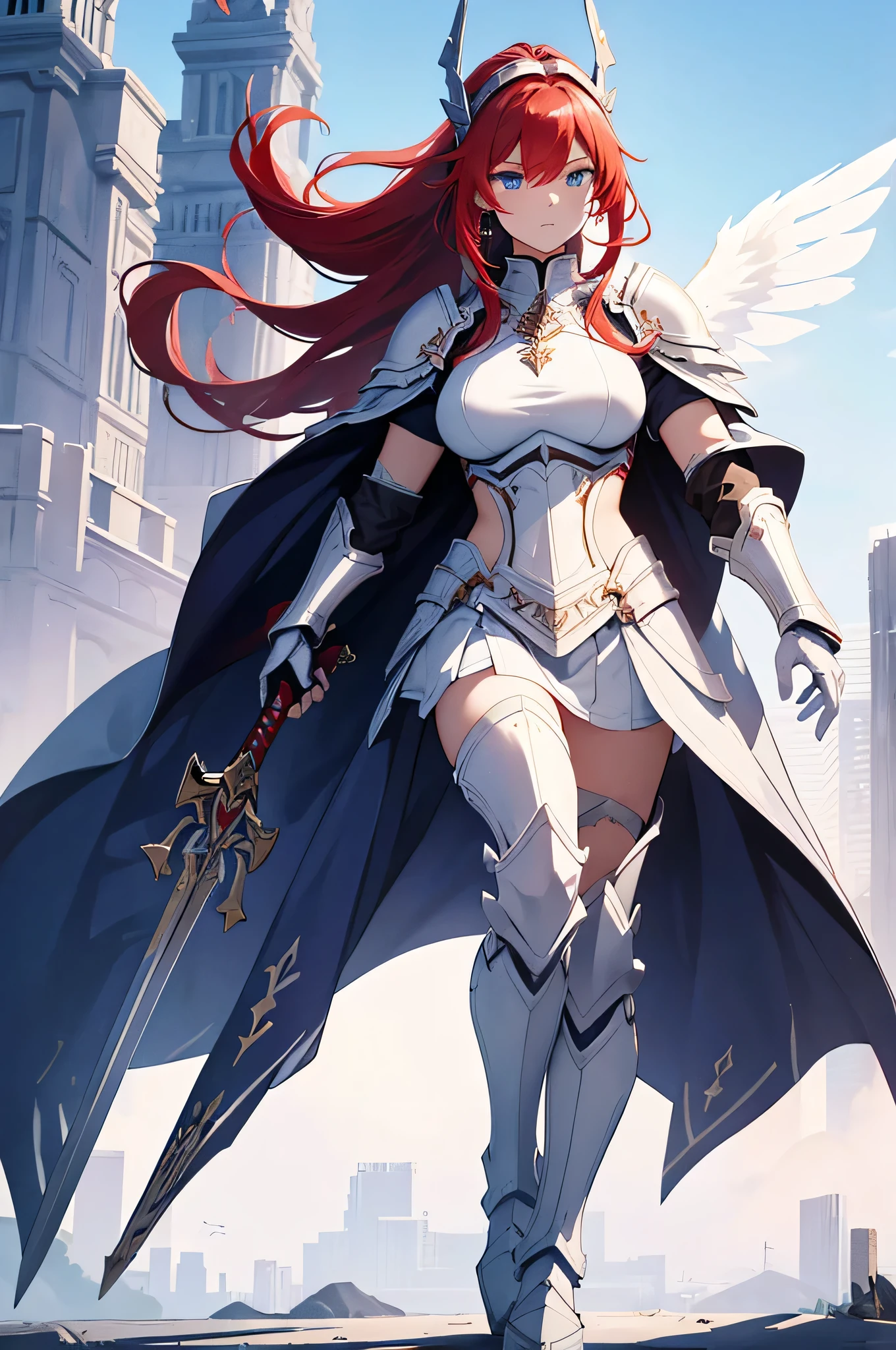 (Masterpiece, Best Quality, High Quality), upper body, facing viewer,volumetric lighting, illustration, beautiful, perfect lighting, perfect shadows,Nishikino maki , cowboy shot, breasts, gloves, holding, bare shoulders, jewelry, earrings, wings, alternate costume, elbow gloves, white gloves, armor, tiara, staff, holding staff, solo, (standing:0.8), purple eyes ,red hair ,in mountains,under moonlight