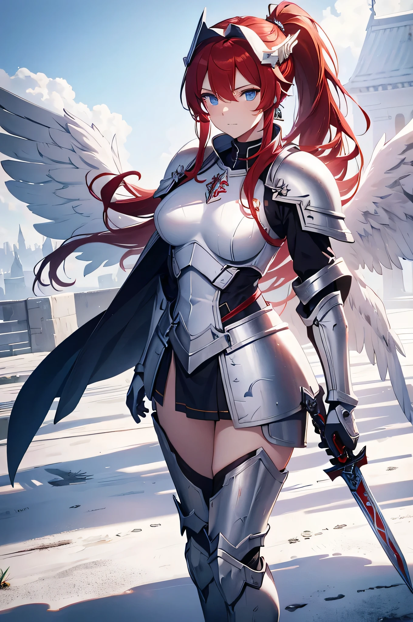female valkyre prepared for battle, nordic look, an extremally beautiful warrior valkyre, ultra feminine, long hair, red hair, braided hair, shiny golden knight armor, bright full plate armor, long boots, cleavage, medium breasts, (angel wings: 1.2) spread, kneeling (one leg on grass) (superhero landing pose), brave and bold facial expression, zoom out, 16k, RAW, ultra wide shot, photorealism, depth of field, hyper realistic. ray tracing