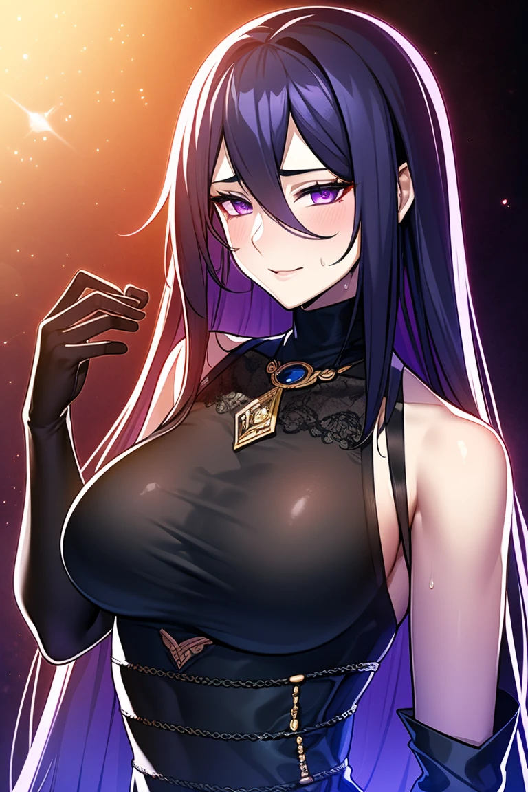 solo, 1girl, blackhole-chan, smile, looking at viewer, hand on hip, colored sclera, sleeveless dress, center opening, bridal gauntlets, large breasts, outer space <lora:gijinkaseries_blackhole_xl-000005:1>