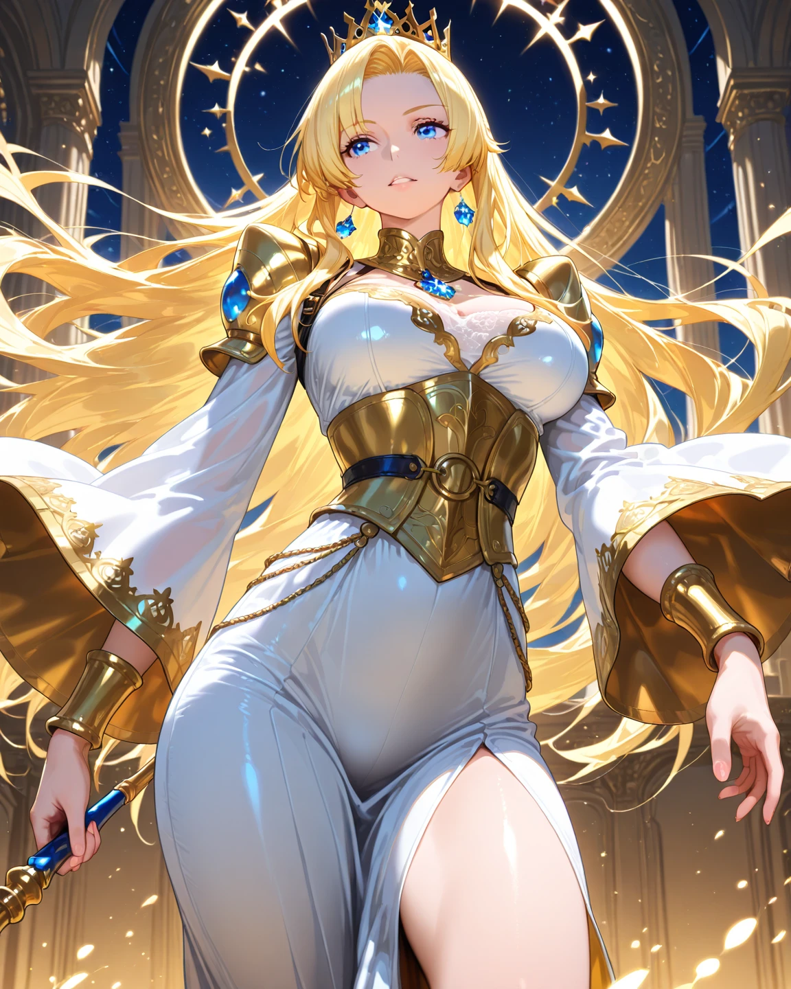 Girl, flowing golden blonde hair, yellow eyes, golden imperial outfit, neckline, anime, the background is a clear sky with twinkling lights, dynamic angle, arrogant laughter