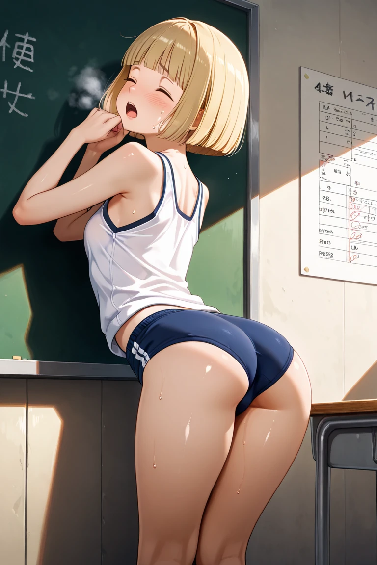 Female Teacher small boy, blonde short hair, (nudity:1.3), blush nose, hug from behind, in class room