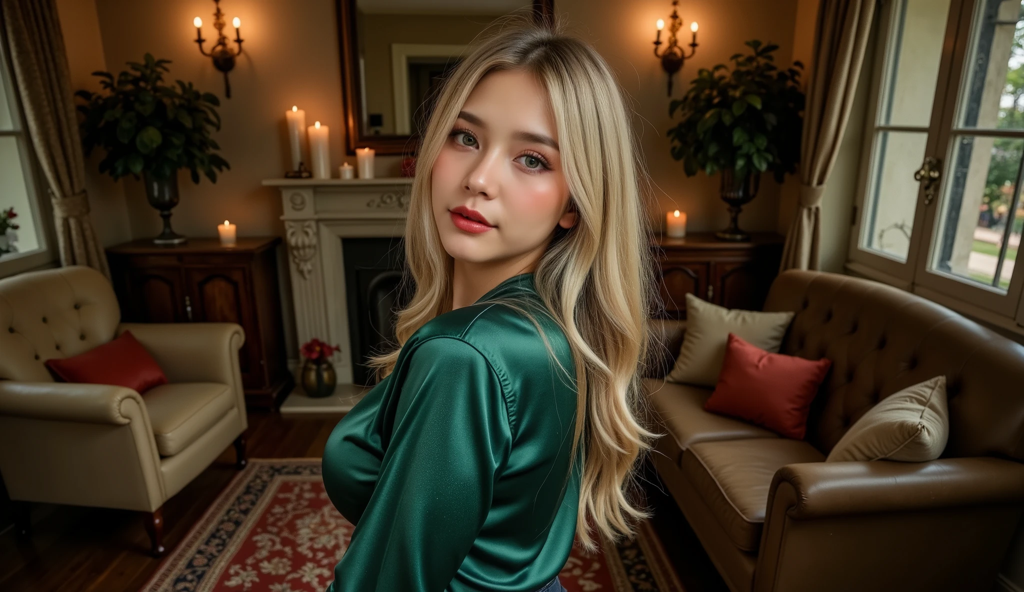 high saturated and colored photo, full body shot, realistic photography photo of sexy seductive woman with long, wavy blond hair, makeup, red shiny lipstick, (blond hair) , (sexy makeup , eyeliner , long eyelashes),
beautiful blonde woman in a cozy, intimate setting with a sense of calm allure. She stands in the middle of a dimly lit room, bathed in soft, ambient lighting that highlights her soft, flowing hair, styled in loose waves. She’s wearing a deep emerald green silk blouse paired with dark, tailored jeans, giving her an effortlessly chic, approachable look. Her face is partially turned, casting a mysterious shadow, yet her eyes—wide, confident, and full of intrigue—are directly engaging the viewer, making it impossible to look away. There’s a hint of a smile on her lips, almost as if she’s holding back a secret. The room around her is warm, featuring cozy furniture and flickering candles that create a relaxed atmosphere. The vibe is sensual yet subtle, hinting at something deeper, something more inviting than just surface-level attraction. Her body language is relaxed but conveys a sense of quiet strength and magnetism, making the viewer feel that there’s more to her than meets the eye.