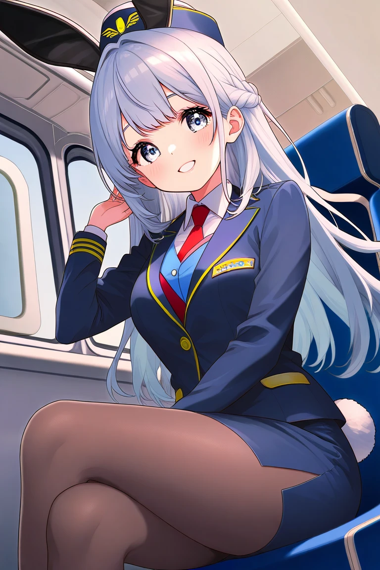 A 30-year-old female cabin attendant, squatting on one knee in the aisle of the plane, picking up a lost item, skirt, stockings, crotch emphasis, detailed eyes, ((from the front)), masterpiece, blush, shy face, sweat