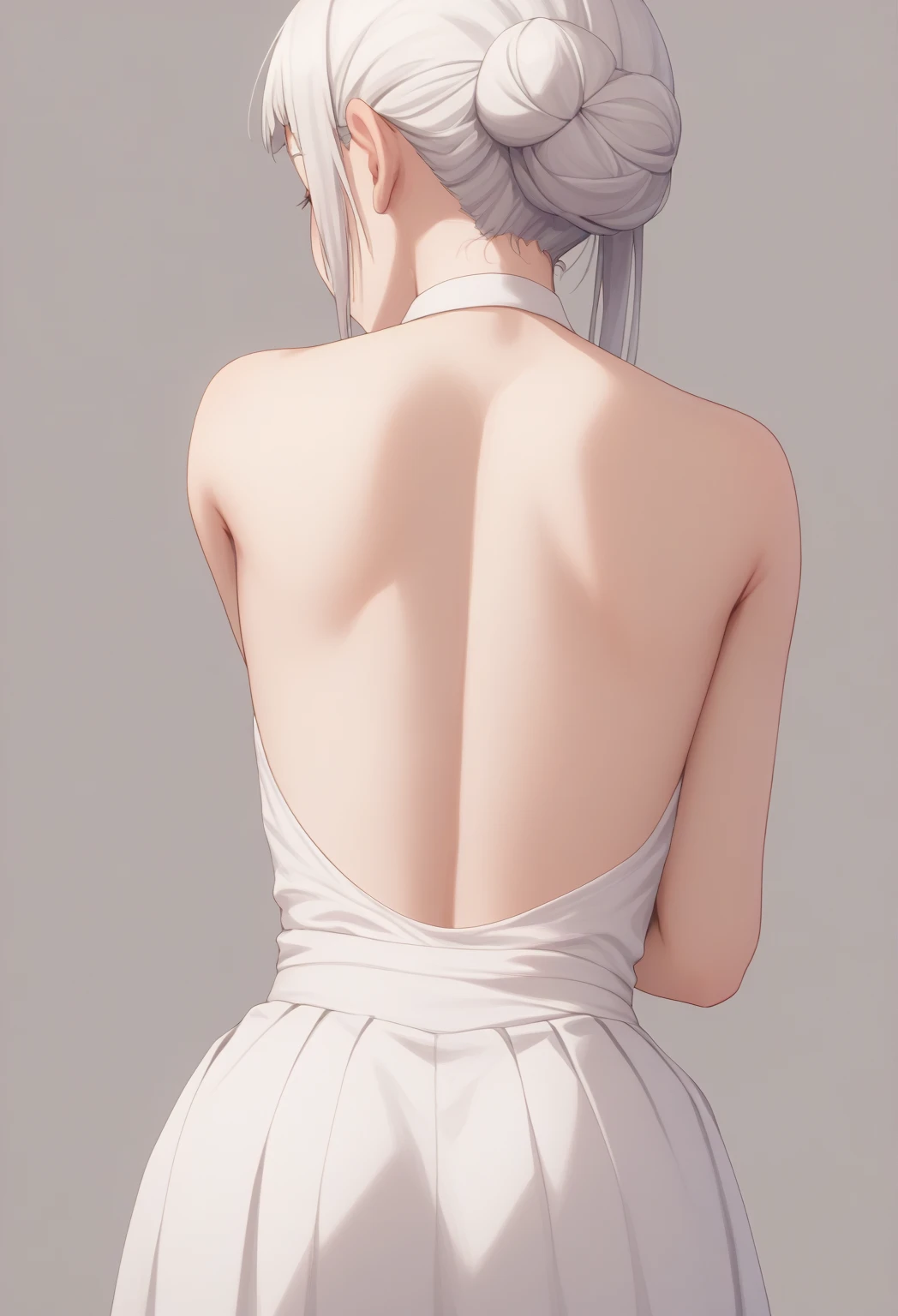 1 girl, saber (fate series), Artoria Pendragon (fate series), bare shoulders, bare back, backless dress, white dress, from behind, upper body