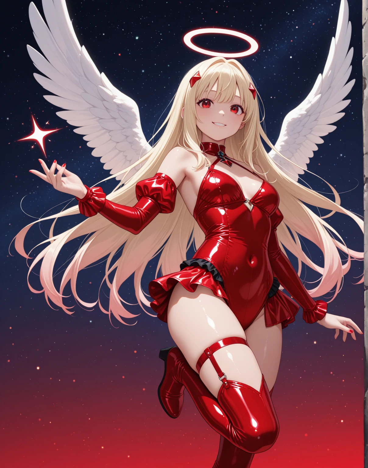 top-quality、Full limbs、complete fingers、one beautiful women、Beautiful Large Breasts、Long、straight haired、Silvery head hair、Red long sleeve leotard、Thigh-length red high socks、Angel white wings grow on the head and back、(Black belt)、Subspace、sexypose