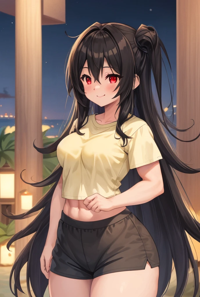 A woman wearing a red shirt with white kanji office, wearing black denim shorts, sports boots, black hair, long hair, ahoge hair, red eyes, smiling, big breasts, perfect face, perfect eyes, standing outside a modern house , with traditional Japanese aesthetics in the background, lawn, close view, daytime location,UHD, prime work, accurate, anatomically correct, textured skin, super details, high quality, best quality, 8k, high resolution, bokeh effect. (woman alone)