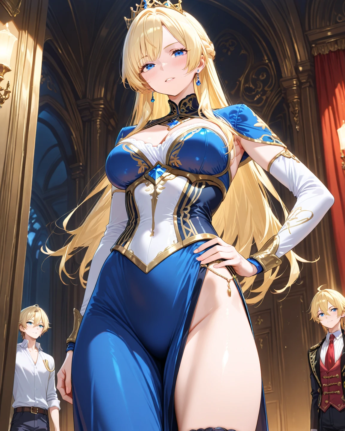 Esmeralda, 18 years old, long blonde hair, blue eyes, big breasts, an open blue dress with diamond blood cuts, showing up at Cristalina's temple to get her job as a prostitute..hentai