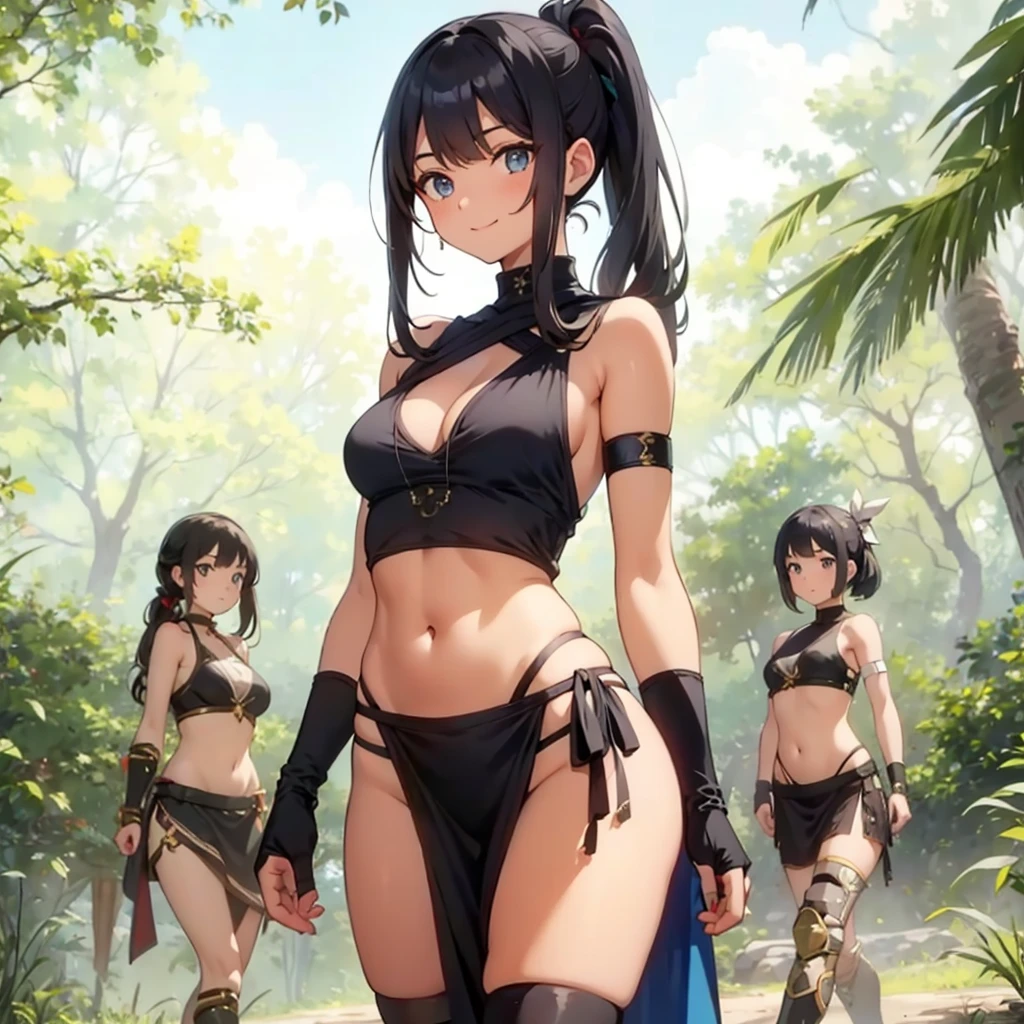 African warrior girl, black skin , only girls , forest in the background ,five girls, sandals  , multiple girls ,exposed belly, toned body, slim body, curves , black hair, light armor , knee pads, elbow pads,