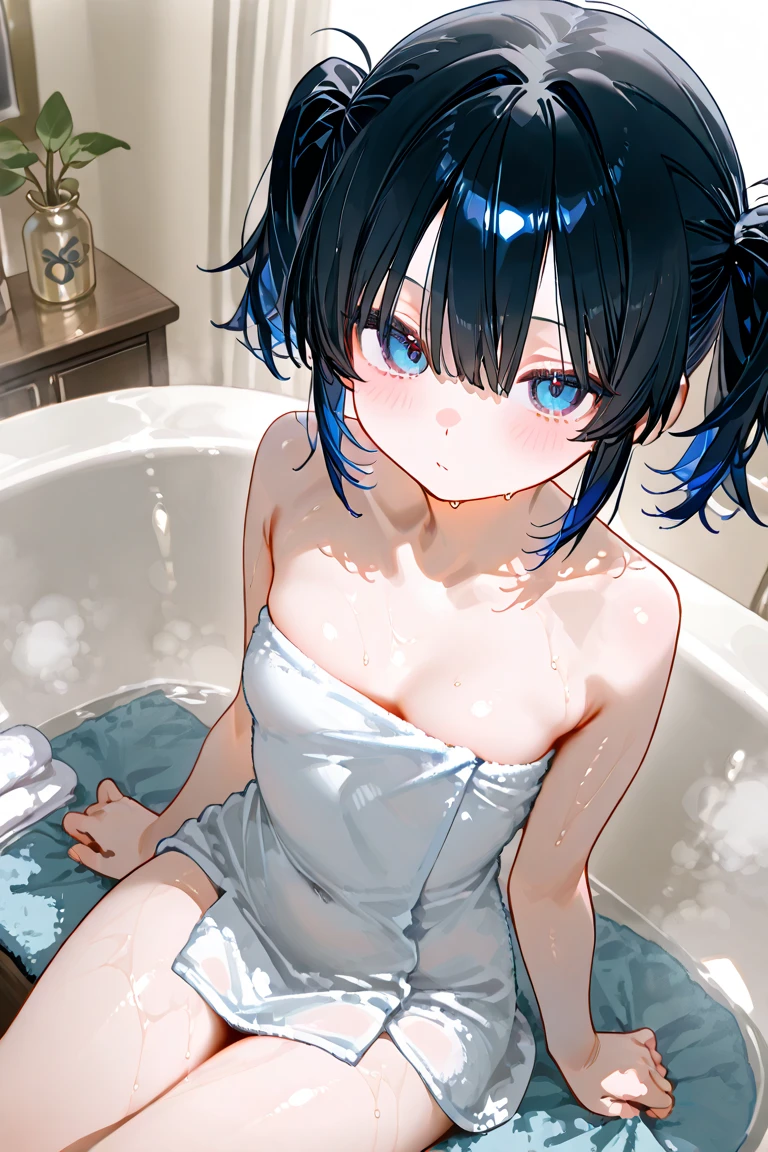 nude anime girl,black mix blue hair ,18+, no clothes, sweet, sad face, cry, sad,show breast, medium , wet, tits, nipples, horny, sexual, full HD,lying in the bath, shower, bathroom