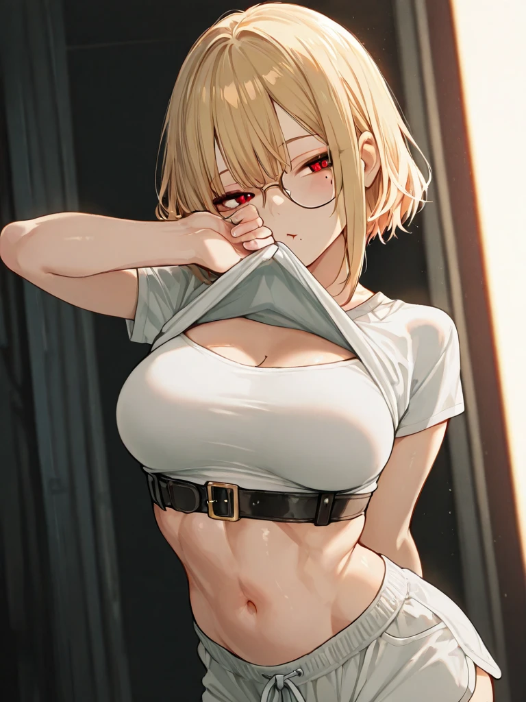 (masterpiece, best quality:1.2), cowboy shot, solo, Android 18 from Dragon Ball, collarbone, cleavage, ((slip-on one-shoulder crop top)), (light gray top:1.2), no jacket, midriff-baring, navel, ((white baggy pants with one button undone)), skimpy thong swimsuit, small breasts, short blonde hair loose, ((blue eyes)), ((wearing glasses)), earrings on earlobes, slender feminine figure, narrow waistline, skinny body, (plane black cap), (cap without logo), beach sandals, sunlight, walking, looking at viewer, light blush, arms behind back, Sagrada Familia, natural lighting and shadows, blur background, 4K