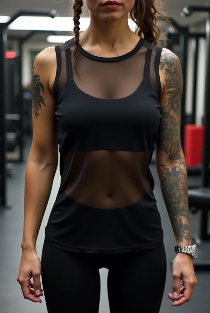 High resolution, best quality, A 30-year-old Middle Eastern woman with a warm sepia skin tone, long black hair in a braided ponytail, and piercing brown eyes, wears an old rusty orange shirt black fatigue pants, black combat boots, single suspender wraps around her right shoulder, empty gun holster tucked underneath her left armpit, Her left arm is covered up entirely with tattoos, her right arm shows several battle scars with a tattoo of a phrase written out on her inner forearm, slim muscular mesomorph female body, in a city with warm daylight