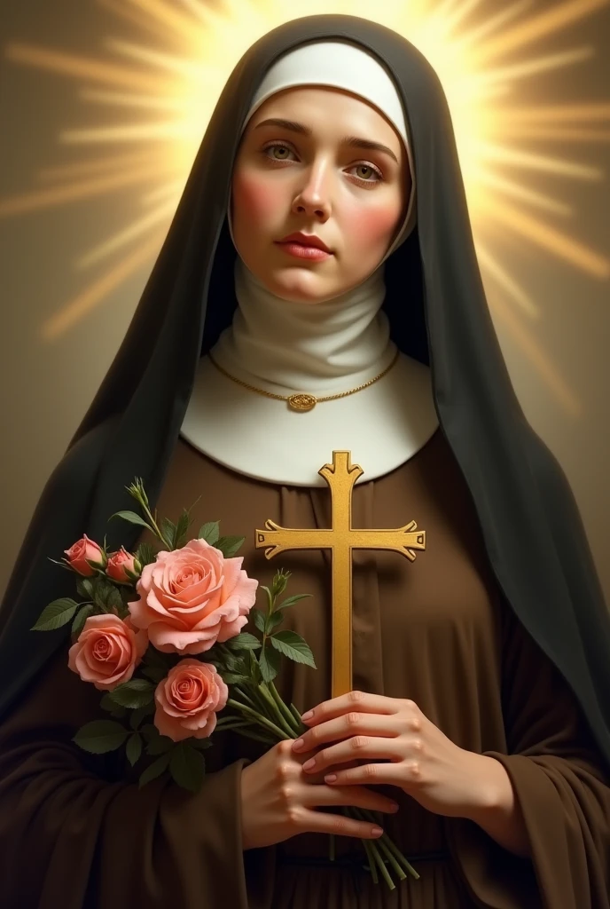 Generates an image of Saint Therese, dressed in a brown habit, black veil, a light yellow cloak over the habit, a religious nun, holding a bouquet of roses and a crucifix. she is portrayed with a contemplative expression, reflecting his deep spirituality and communion with God, she has on average 24