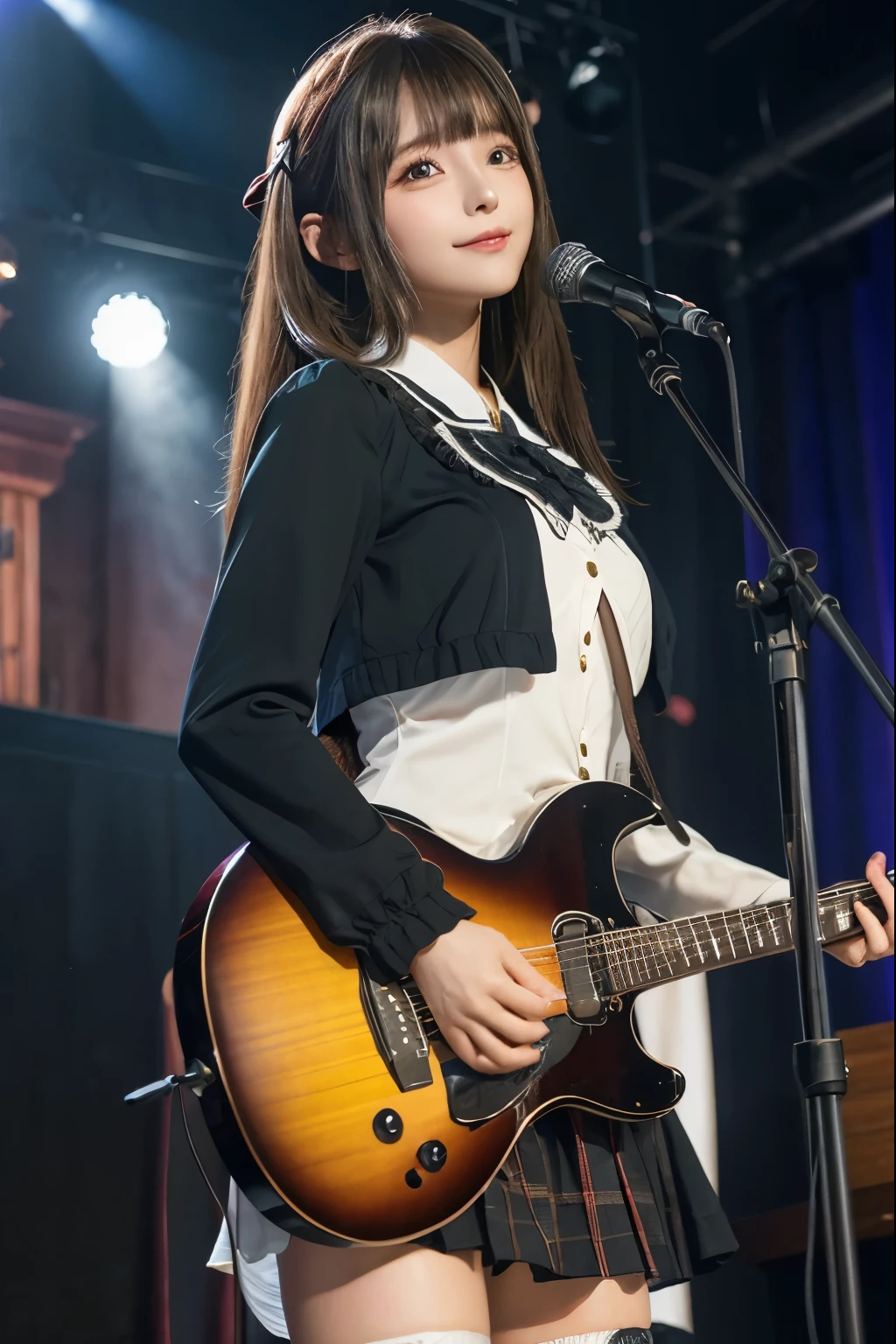 High school girl blazer、uniform、red plaid knee-length skirt、LONG SKIRT、JK Style、jacket、smile、knee socks、thighsまで丈の靴下、pantyhose、Very Beautiful、so cute、Fatigue、Rare Beauty、dark black eyeshadow、 sad、skin radiance、long hair straight hair、Dark gothic makeup、暗いsmile、The beauty of fragrance、stained glass background、masterpiece、Highest Quality、View 5 books、Sweat glistening on my chest、Sweat glistening on the face、small breasts、light slim、mysterious expression、sad expression、 Mysterious Gothic Church 、 Fascinating Castle 、Full body sweat 、thighsに大量の汗と光、光沢のあるthighs、thighs、thighsに大量の汗が光る、 Sweat a Lot 、gal、small breasts、the face of Japan、 The enchanting look of 、細いthighs、 play guitar 、 guitars、Enthusiastic singing、バンドで play guitar 、 playing guitar chords 、live venue background、 songs、mouths、Live venue scenery 、microphone stand、 gorgeous live stage 、dynamic angle、 long hair with bright straight hair 、Delicate straight hair、