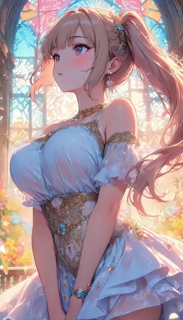 1girl, masterpiece, extremly detailed, ((Cinematic lighting)), (glowing), ((dramatic lighting)), ((beautiful detailed glow)), intricate detail, lens flare, multicolored hair, rainbow hair, long hair, multicolored dress, butterfly hair ornament, butterflies, (light particles), Arms behind back, large breasts, [curvy], cowboy shot, light smile, green eyes, church, stained glass, spotlight, dark background, floating hair, floating hair, looking at viewer,((colorful))