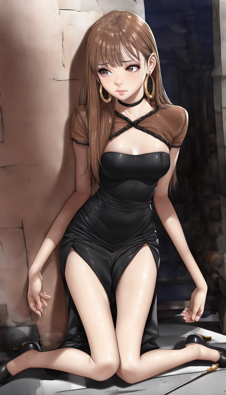 young woman kneeling, Angelina Jolie&#39;s face, hair tied in a braid, she has large visible breasts which are visible in the 3rd position/4, surrounded by men holding their penises in their pants, very accurate image, a lot of details, w stylu anime