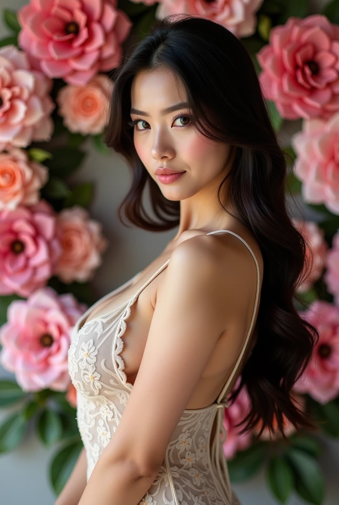 (Top Quality, 8k, 32k, Masterpiece, UHD: 1.3), Charming Japan Woman Pictures, One Girl, (Big: 1.2), Erotic Underwear Style, White Lace, Super Cute, Upper Body to Thighs, Nice Perfect Face with Soft Skin, Gorgeous Wavy Long Brown Hair, 8K Resolution, Ultra Realistic, Ultra Detailed, High Quality, Living, Bold Pose, --auto --s2