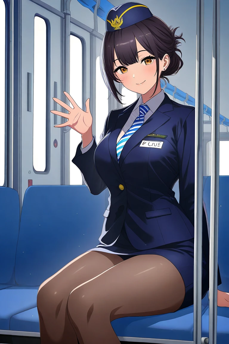 masterpiece, Highest quality, Absurd, Perfect Anatomy, Beautiful background, Beautiful Face, Beautiful Eyes, Beautiful body, (from the front、straight、Knees in front)Portraiture、 Portrait、ponytail、hair band、Brown Hair,smile、peace sign、office lady、Recruitment Suit、(Tight mini skirt)、High heels、Inside the train、Japanese National Railways、(sit on a horizontal seat)、Please sit down。White lace panties