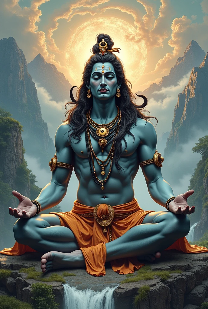 Lord shiva with snake in his neck and trishul near in back in meditation in a cave with circle light behind head