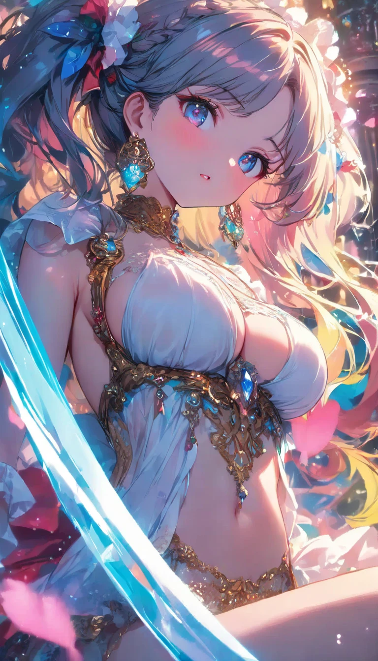 charming,happiness,Holy Goddess,มายากลal effect,silver hair,blue eyes,Elegant evening dresses,exquisite decoration,Features of the มายากลal costumes of the heavens，a small amount of blue cloth,exquisite clothes,Floor skirt,lace details,Delicate ruffles,bedroom,lonely,nighttime,Lace stockings,sacred strip,transparent clothes,Gem Decor,(Masterpiece:1.5), (((High qualityสุด, best quality, High quality))), ((There are complicated details., Very detailed, Crazy details)), height, 32K, Extremely detailed CG 8K unity wallpaper., (beautiful and beautiful:1.2),, (depth of field:1.3), (Flawless.:1.3), (Delicate depiction of details:1.4), (((Abundant natural light, Delightful bright colors))), (Ambient volumetric backlight:1.5), (Illustration of an extremely beautiful young woman:1.3), (upper body:1.4), (perfect center:1.4), (Natural willow pose:1.5), (((dynamic gesture, movie corner))), (2milf:1.5), ((((2 girls,beautiful girl),(((2 young women :1.4)))), beautiful beautiful face, [(detailed face:1.2):0.2], Bright eyes, pureerosface_Version 1, ulzzang-6500-Version 1.1, (gag:1.5), (red lips:1.4), (full lips:1.4), (smile:1.3), Flawless attractive body, (((The feminine curves are pronounced.))), Skin glows brightly., realistic skin, hair follicles, (((Tightening belly, navel, Groin:1.3))),(((Traditional Thai dress, strapless, strapless.))), (((Golden thread flutters.))), (Fringed tassels:1.3), (Tight long sleeves:1.4), (Single neck), (The production shines.:1.5), (Elegant and intricate clothing accessories:1.5), (Embroidery work decorated with gems:1.4), (sparkling clothes:1.4), (sparkling particles:1.3), (((The front seam is sagging., Sagging back seam))), (((earring, armband, Hair clips, hair accessories))), (Stand in a magical outdoor garden decorated with gems and colorful exotic flowers and shrubs.:1.5), (Outside the great ancient palace:1.5), big breasts, (gigantic bust:1.2),Show your breasts,The cracks are clear....,((big tits)),seductive pose,I see bulging nipples.,(((large areolae:1.4,pink,The nipples are clearly visible.......))),(((((pussy,bare female genitals)