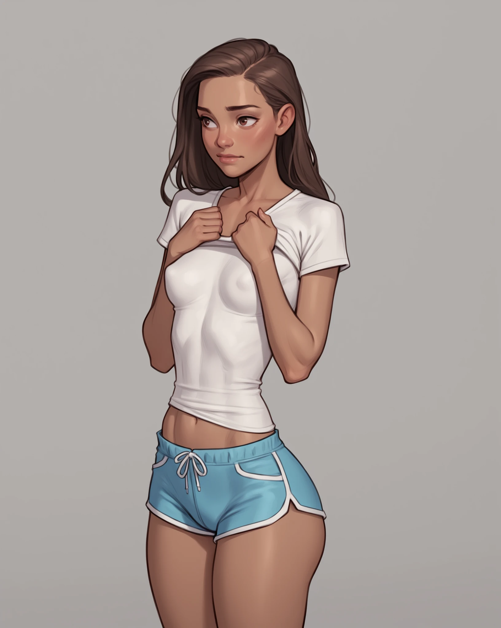 1 realistic woman, ager, Brazilian descendant, straight brown hair, shoulder-length hair, oval face, slightly dark skin, strong and athletic body, 1.73 cm tall, skin imperfections, brown eyes, small natural breasts, big butt, wide hips, no makeup, cotton shorts, blue shorts with white stripes on the side, long light blue t-shirt with dark blue details on the sleeves, standing, arms hiding her breasts, embarrassed expression, looking at the floor, facing the camera, neutral background