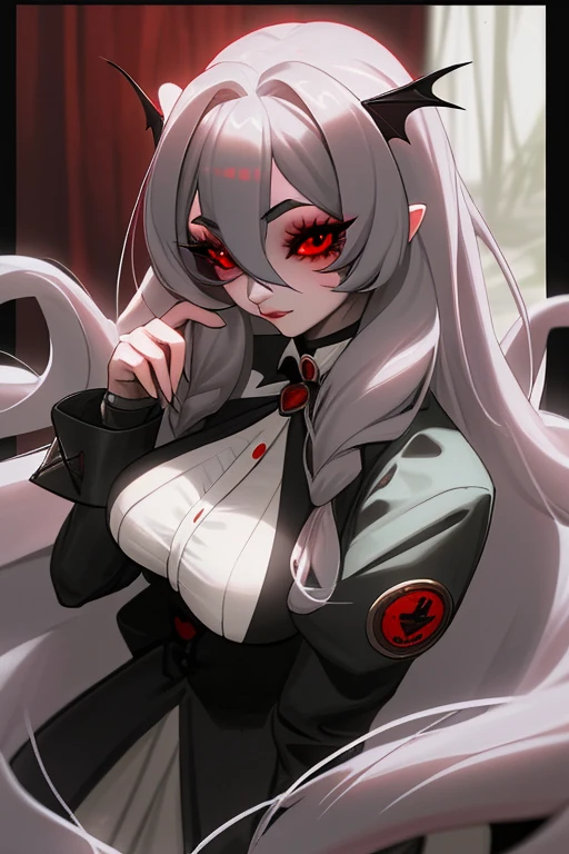 a girl, white hair, new, wet, black lipstick, red eyes.