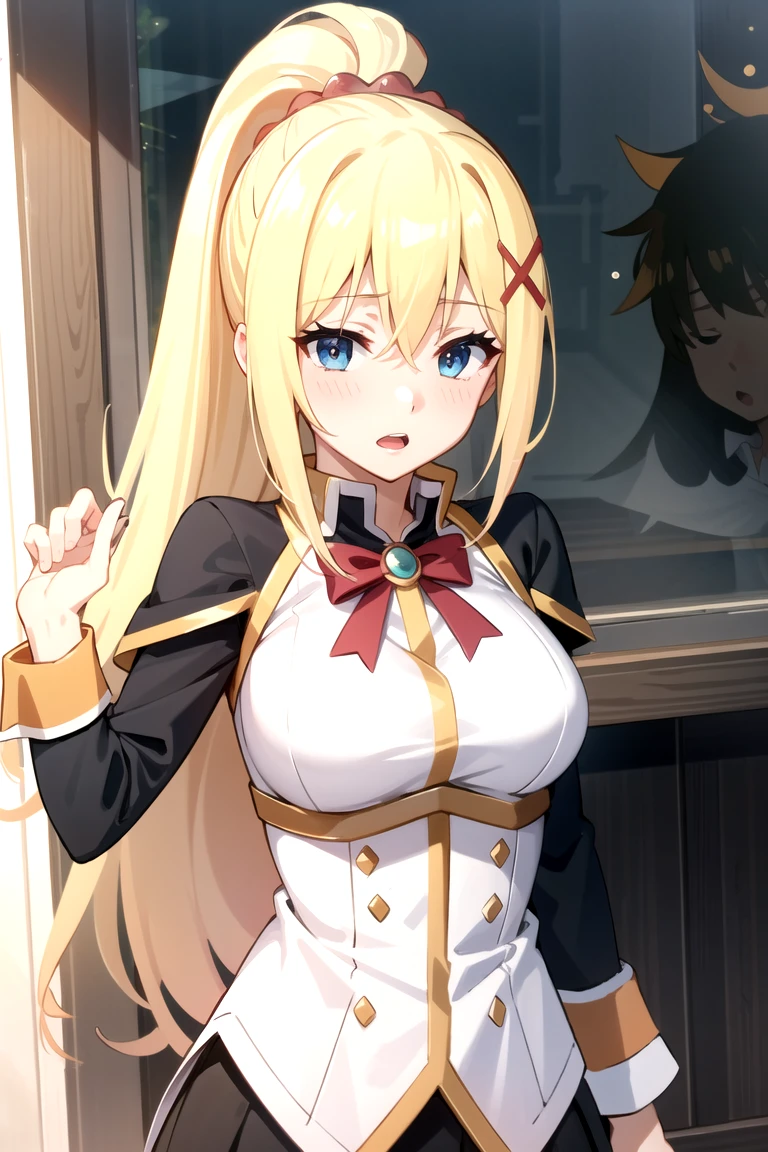tall body, tall, long legs, mature female, mature, adult,
EFT_Konsuba_Darkness, darkness (konosuba), 1girl, blonde hair, blue eyes, long hair, hair ornament, x hair ornament, ponytail, open mouth, solo,, anime coloring, breasts, day, parody, outdoors, upper body、全裸、陰毛