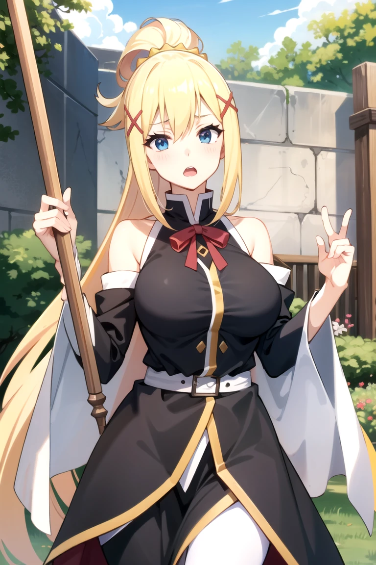  tall body, tall, long legs, mature female, mature, adult, 
   EFT_Konsuba_Darkness, darkness (konosuba), 1girl, blonde hair, blue eyes, long hair, hair ornament, x hair ornament, ponytail, open mouth,  solo,, anime coloring, breasts, day, parody, outdoors, upper body、全裸、陰毛