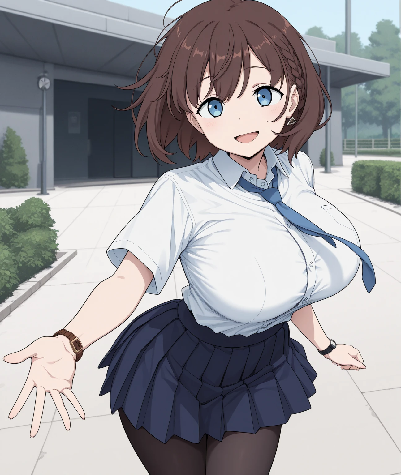 (((masterpiece, Highest quality, High resolution, 超High resolution, Pixel perfect, Written boundary depth, 4K, RTTX10.0))), Watanabe You, ((Smooth texture, Realistic texture, Anime CG Style)), Exact finger count、Exact number of legs、(Exact number of arms:1.0, Exact number of hands:1.0), (Perfect hands, Perfect Anatomy), Cinematic, Realistic, Highly detailed CG, Daytime lighting, Perfect lighting, Best Shadow, The best natural light, whole body, Perfectly balanced style, Perfectly balanced body, Slender body, whole body, ((bangs, Dark brown hair, Stylish and cute bob cut)), ((Cute woman standing、She is showing her panties in her hands:1.3)), ((Sexy and cute panties, (Stylish shiny satin light blue panties:1.2), Small lace panties:1):1.3), (Beautiful and very large breasts:1.2), (Feeling embarrassed, (blush:1.2), (Embarrassed expression:1.5), (In the school classroom:1.5), Angle from the front, holding panties, Panties as a gift