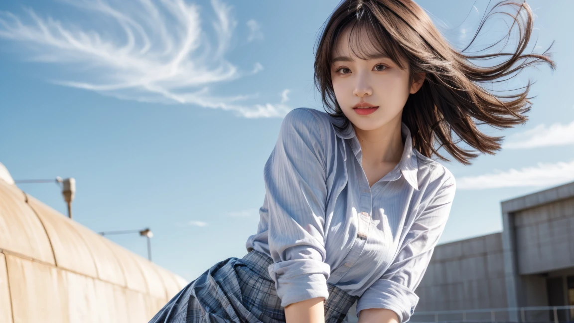 (((Low angle shooting、Looking into the camera:1.22,Leaning forward、Open shirt、No underwear)))、(((8K、Highest quality、masterpiece、Ultra-high resolution)))、(Realistic:1.4)、RAW Photos、(Real skin texture:1.3)、(Film Grain:1.3)、((Are standing、Skirt flutters in strong winds、Under the skirt、Do not bend your legs、Don'Don'don't bend your knees、Spread your thighs、Beachside、))、One Girl、Beautiful and detailed eyes and face、masterpiece、Highest quality、close、thin、Japanese Uniform、dynamic、barefoot、Mr..々Pause、