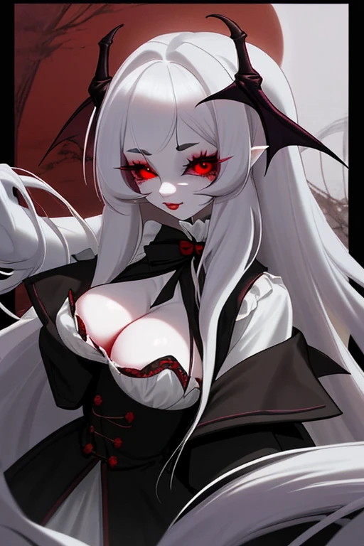 (masterpiece, best quality, absurdres, very detailed eyes), 1girl, solo, solofocus, medium breasts, white hair, long hair, blunt bangs, yellow eyes, closeup, ager, black dress, black gloves, black high heels, black thighighs, black skirt, upper body, red wallpaper, royal, royal palace in hell, black arches, gothic architecture, demon horns, posing