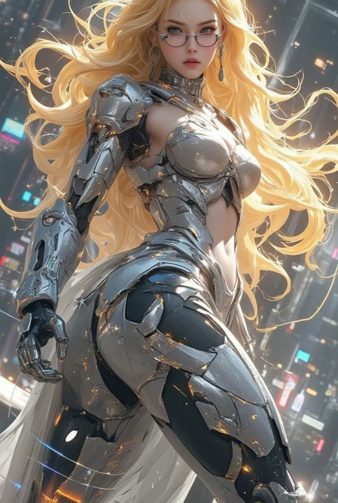 Beautiful cybernetic blonde girl looking at the camera in the underwear detailed muscles realistic masterpiece, Pose ativa, action pose, luz LED | |, Gold Parts, franja, cabelo curto, vista traseira, Costas