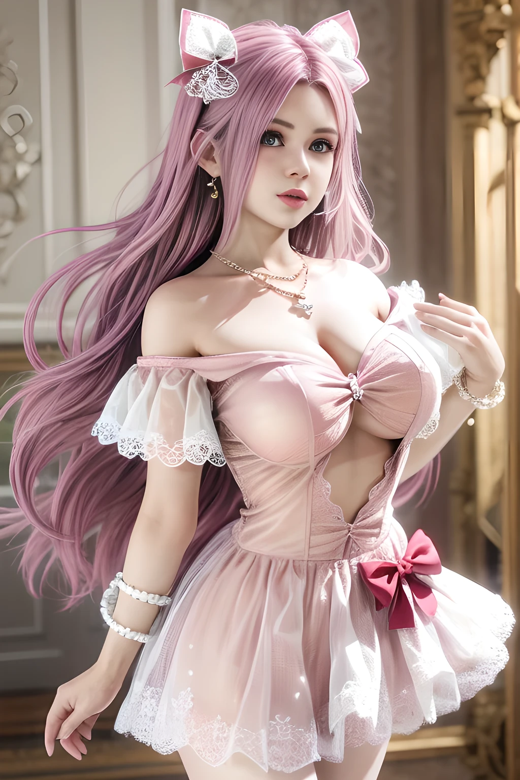 masterpiece, best quality, highly detailed, high resolution, expensive resolution, high resolution, 4K, 8k, Unity 8k wallpaper, highly detailed CG, masterpiece, 2D, 3D, beautiful details, depth, fine texture, best quality: 1.3, perfectly focused, crispy skin, he,
Very cute anime girl, bikini style wedding dress, large breasts, pink medium long hair in expensive clothes, mole under eye, looking at the viewer, expensive, blush, mole, lips open, hibiscus hair accessory, heart, pink eyes, choker