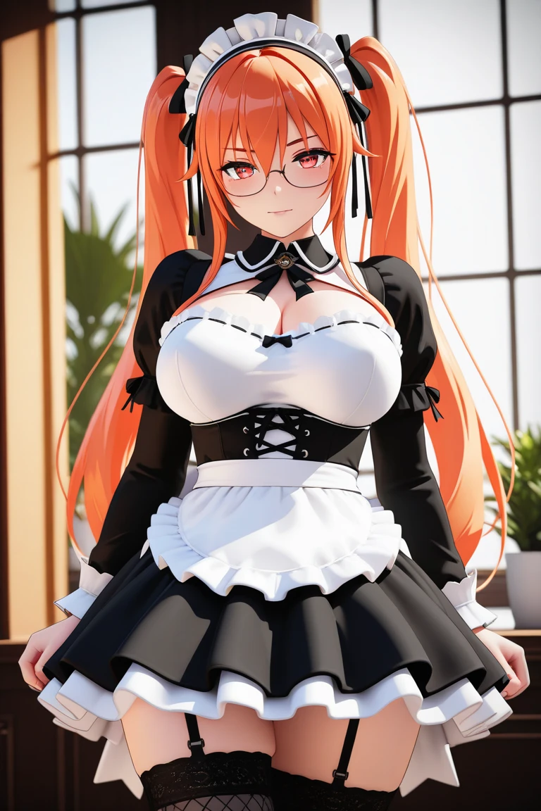 anime girl, 1 person, orange hair, glasses, Crown,maid,cat ear, front view, big breasts, tights, sitting on desk,exposed chest, underwear, maid suit, shy, blushing, lifting skirt , bright sky, sitting cross-legged, high heels,exposed chest, underwear, middle-aged women, blushing, lifting skirt, showing off underwear, (full HD 4K+ image
