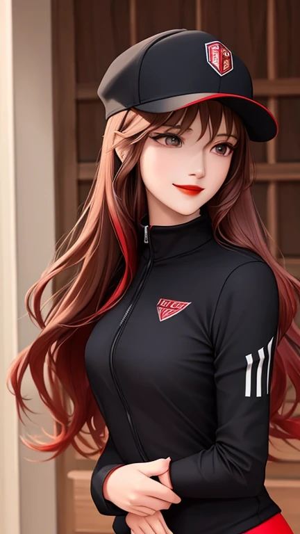 young woman,Red hair,long hair,Police cap,sun glasses,black jacket,beautiful figure,police uniform close-up view of the city