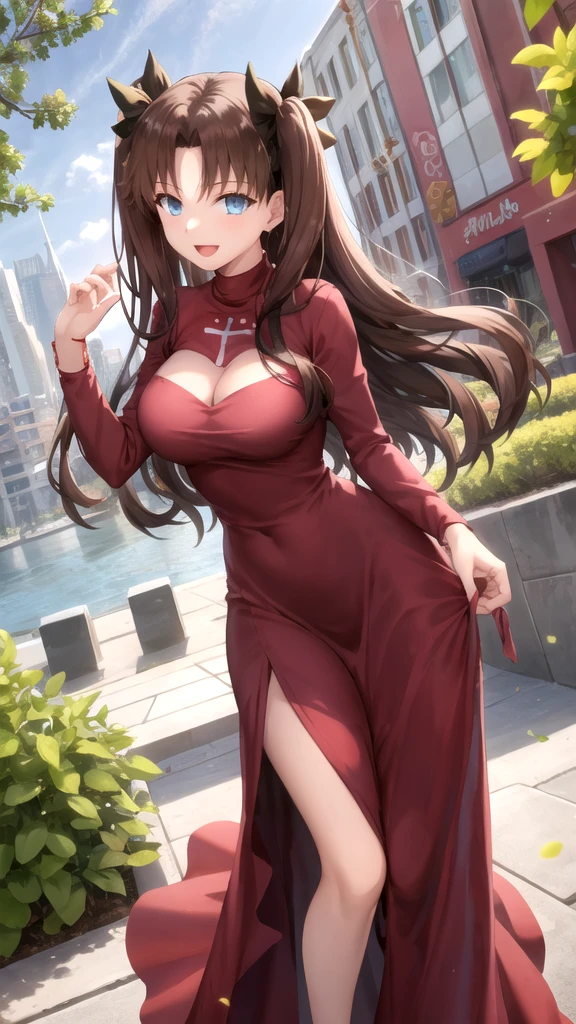 a woman in a red dress is standing in front of a bush, rin tohsaka, seductive anime girl, heavy looking, loli in dress, attractive anime girl, beautiful alluring anime woman, breasts covered and sfw, beautiful alluring anime teen, [ 4 k digital art ]!!, cute anime waifu in a nice dress, revealing clothes, beautiful anime girl