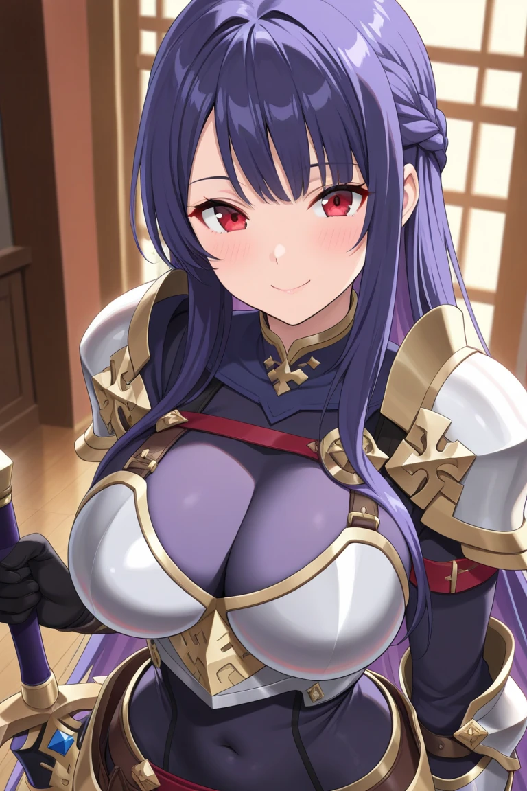 master piece, highest quality, best quality、details、fine detailasterpiece、official art,、Profile Style、(((white background)))、(((simple background)))、(arms behind back:1.1)、(1girl:1.5)、(slimming:1.4)、(((looking at viewer)))、(Large Breasts:1.3)、clavicle、(((NSFW)))、(Completely naked:1.3)、blush、Smile,One girl、solo、Akane Armor、Japanese Armor、