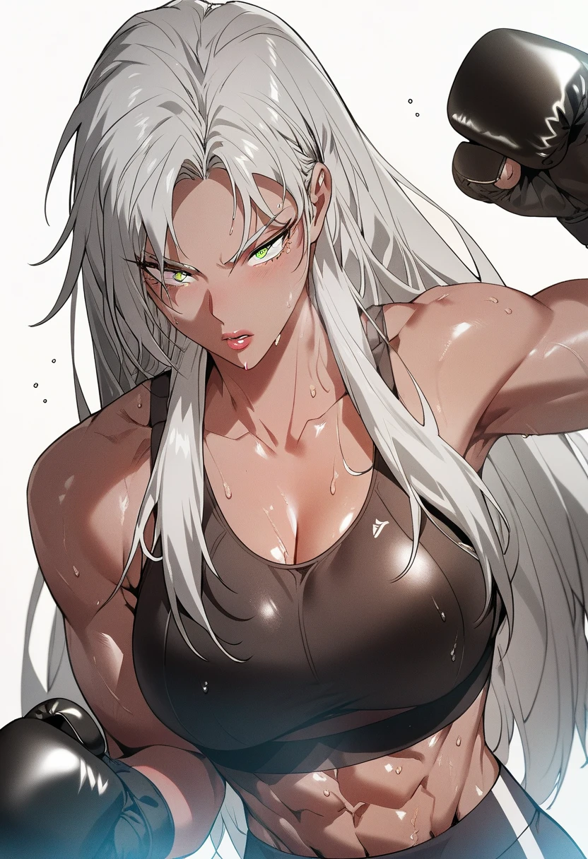 Vannesa,white hair,dark-skinned female,brown eyes,toned,upper body,dark skin,sweat,smiling,closed fists,VnBla,(black strapless tube top),black bike shorts with red stripes,boots,collarbone,bare shoulders,fingerless gloves Gym,steel cage,
(insanely detailed, beautiful detailed face, masterpiece, best quality),<lora:Vannesa-11VFv8:0.8>,