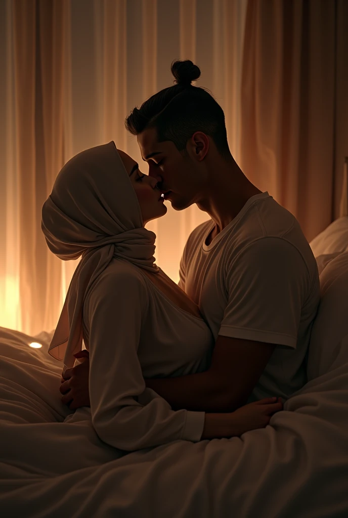 Black headscarf at home, white long sleeve t shirt, grey sweatpants, white socks, Sexy woman with glasses kissing a man
