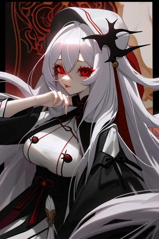 , White hair,  eyes, slave collar, chains on his neck and arms, demons, (Large round breasts: 0.6),  (Moon demon eyes: 1.18) (kimono: 0.9)